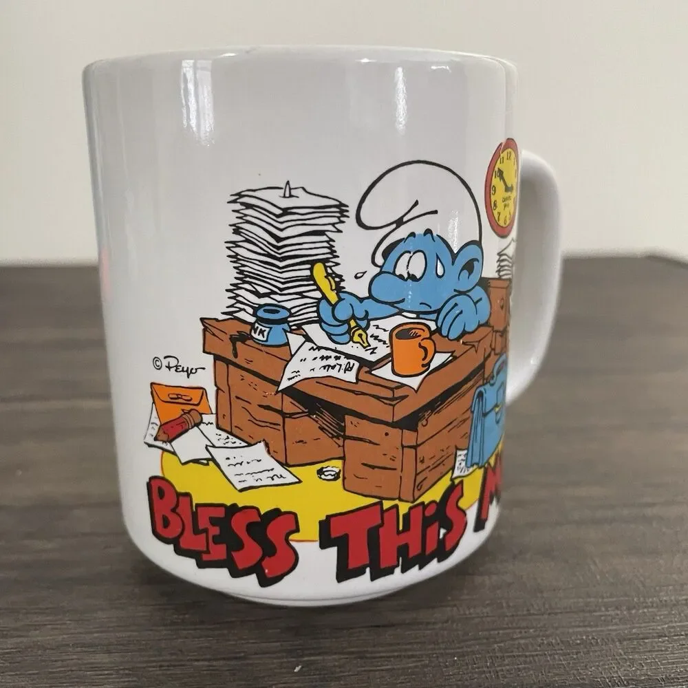 1981 Smurf Coffee Mug Cup BLESS THIS MESS Wallace Berrie Work Job Stress Vintage